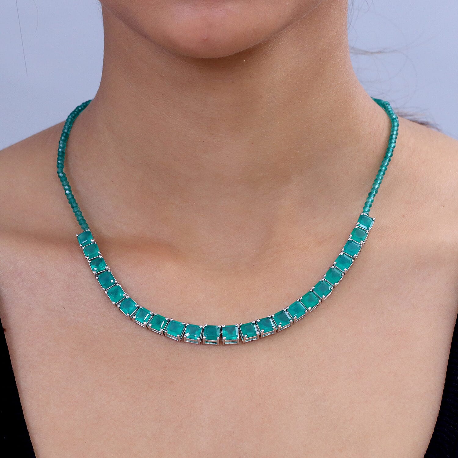 EverTrue Asscher Cut Verde Onyx 45.50 ctw Garden Path Necklace in Platinum Bond 18-20 Inches 