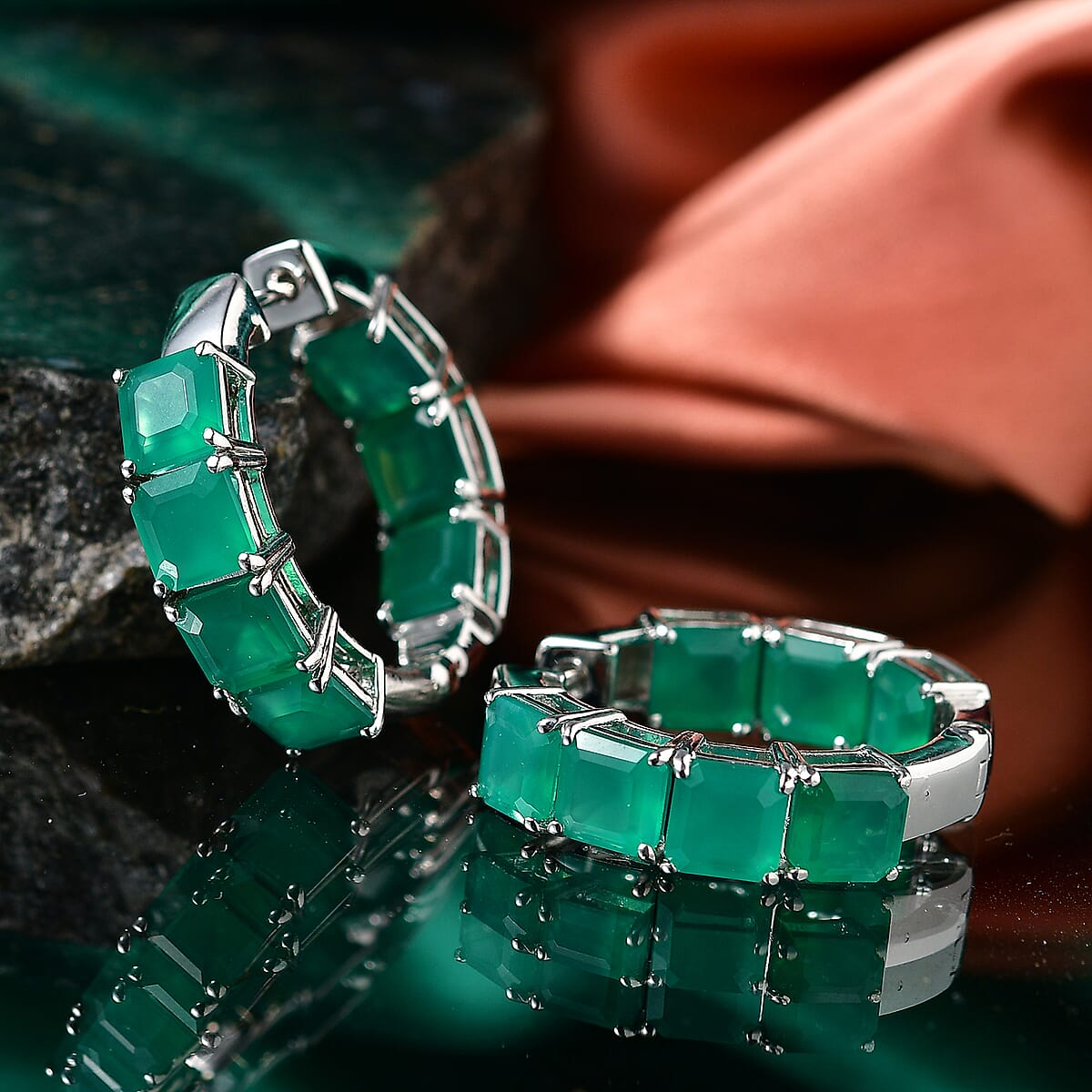 EverTrue Asscher Cut Verde Onyx 12.50 ctw Hoop Earrings in Platinum Bond image number 1
