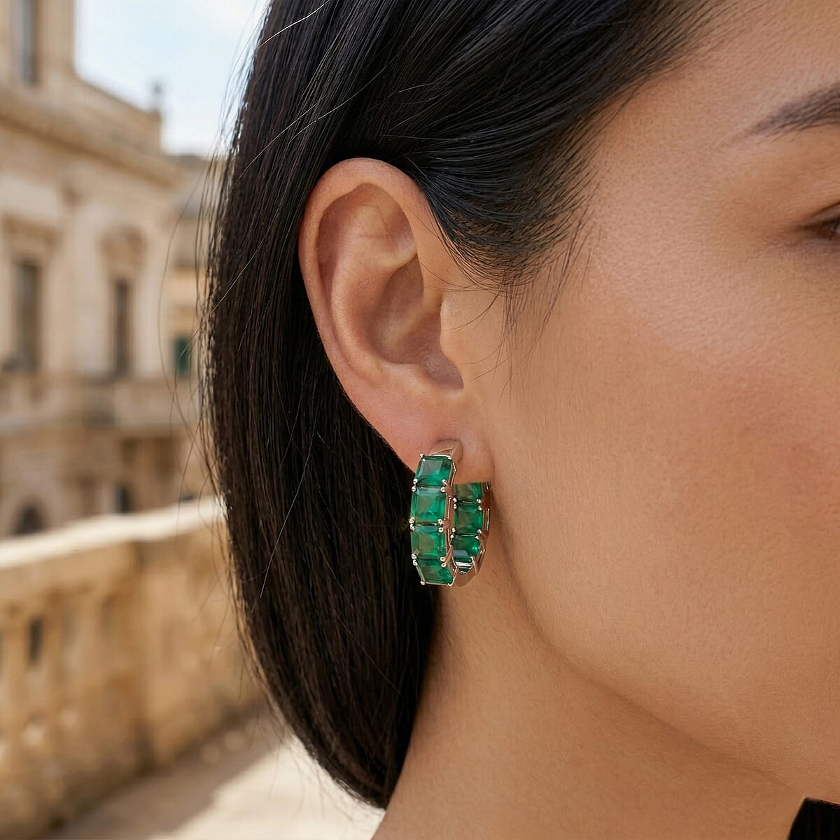 EverTrue Asscher Cut Verde Onyx 12.50 ctw Hoop Earrings in Platinum Bond image number 2