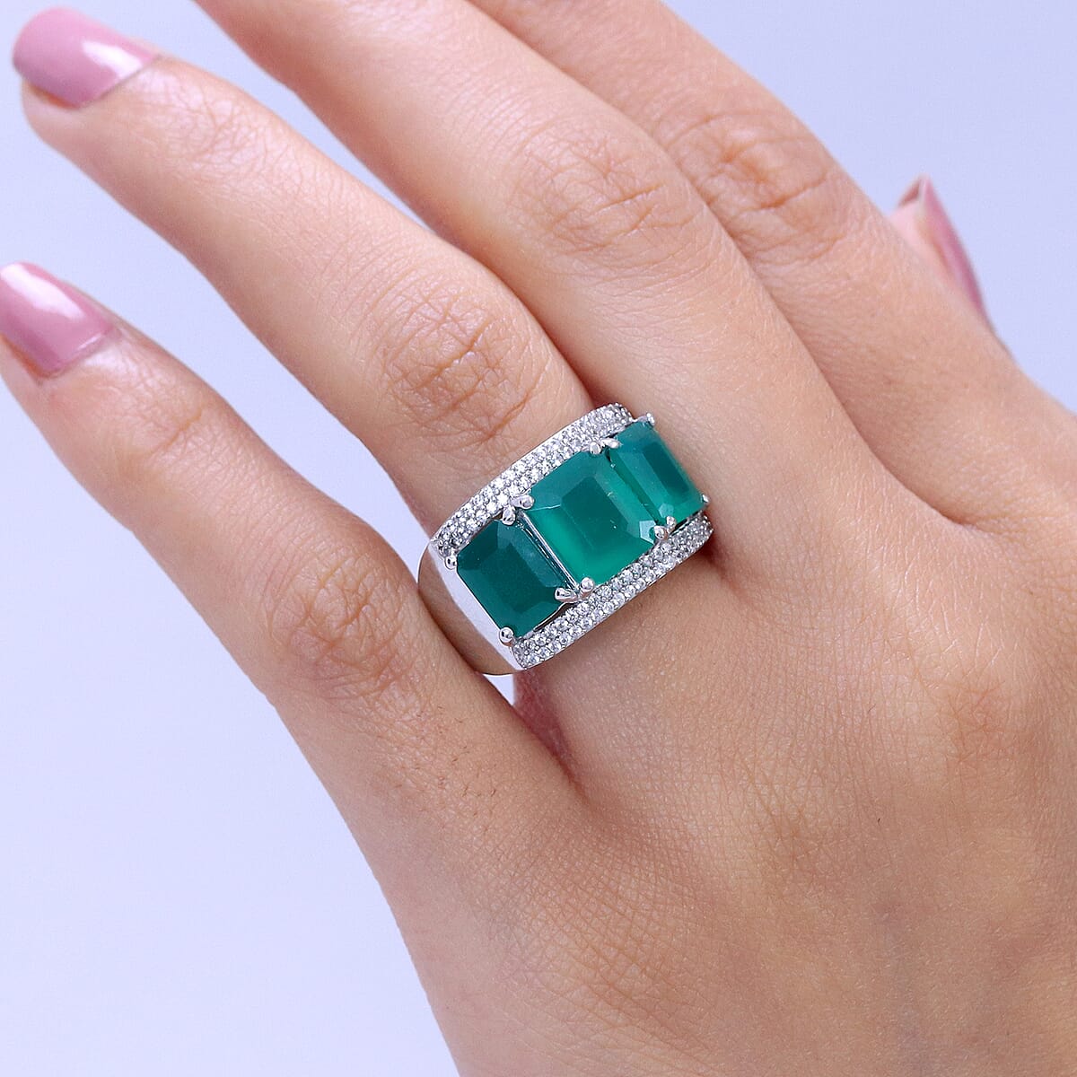 EverTrue Verde Onyx and White Zircon 7.90 ctw 3 Stone Ring in Platinum Bond (Size 11.0) image number 2