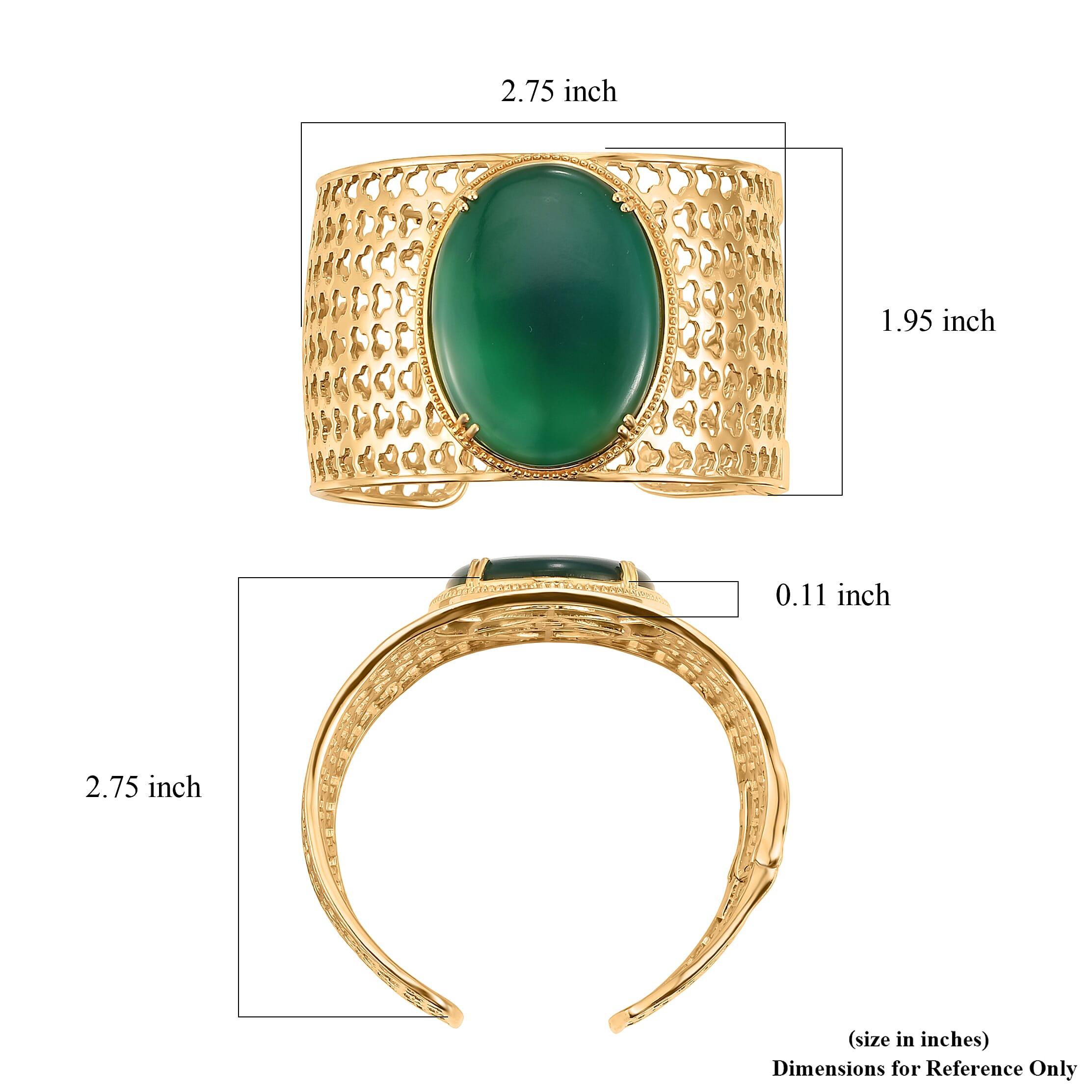 EverTrue Verde Onyx 62.60 ctw Regal Crown Cuff Bracelet in 18K YG Plated (7.25 In)