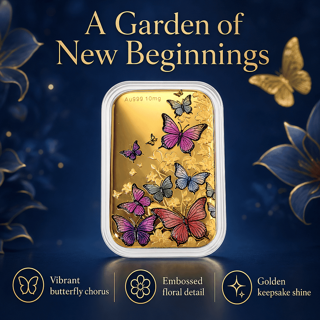24K Gold Garden of Dreams - Colorful Butterfly Symphony Embossed Sheet (31x45.5mm) 10mg