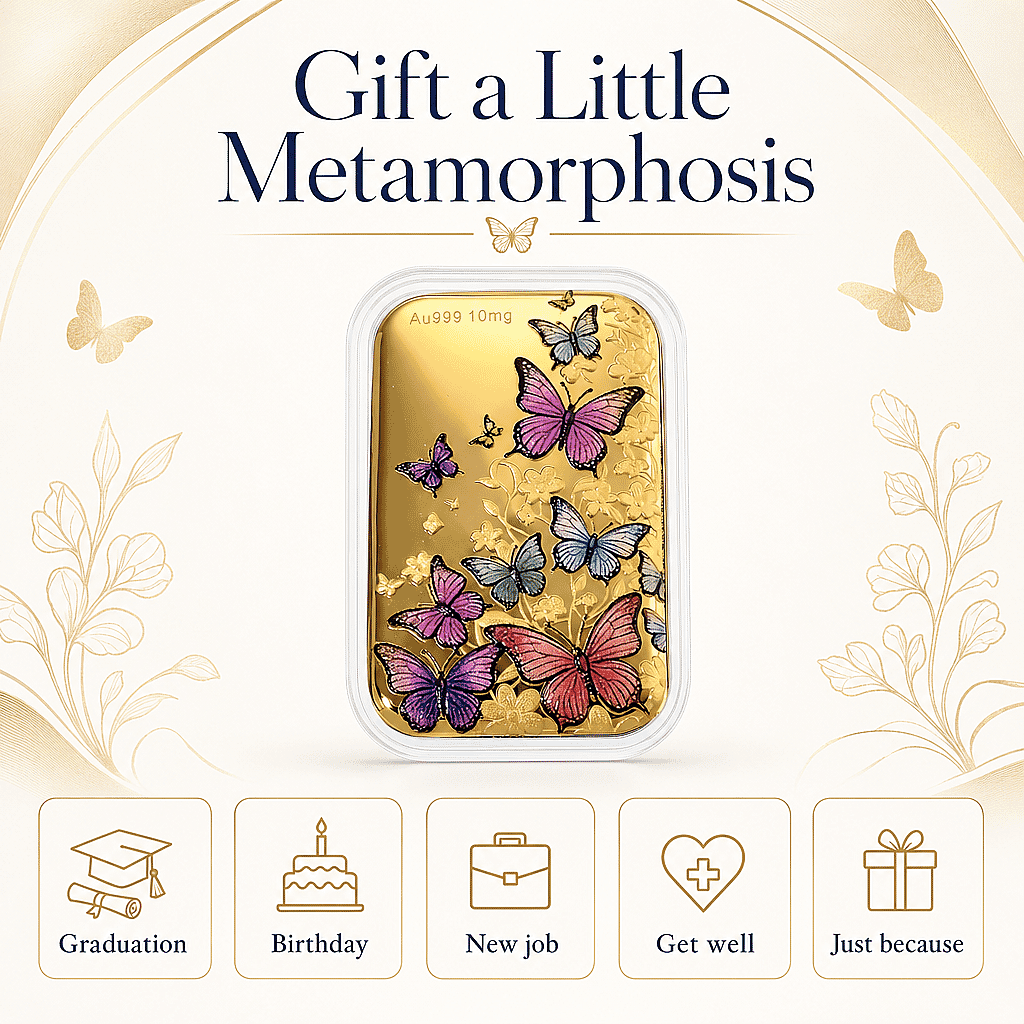 24K Gold Garden of Dreams - Colorful Butterfly Symphony Embossed Sheet (31x45.5mm) 10mg
