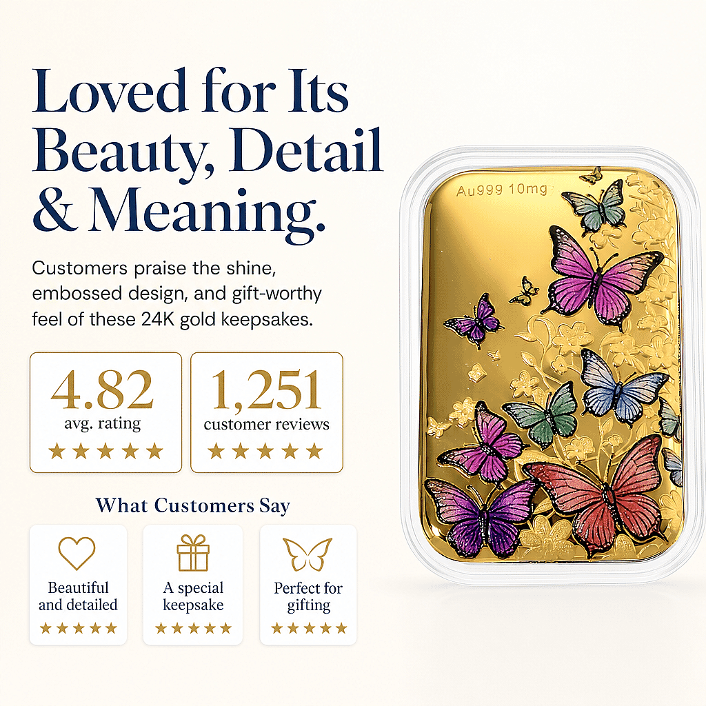 24K Gold Garden of Dreams - Colorful Butterfly Symphony Embossed Sheet (31x45.5mm) 10mg