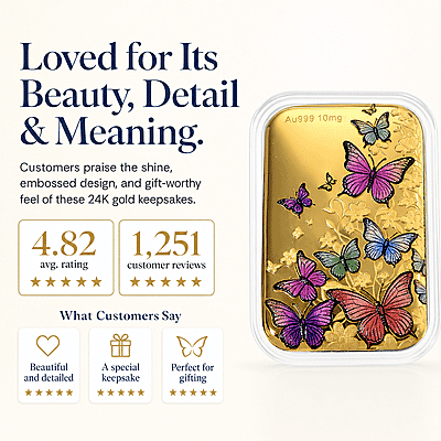 24K Gold Garden of Dreams - Colorful Butterfly Symphony Embossed Sheet (31x45.5mm) 10mg