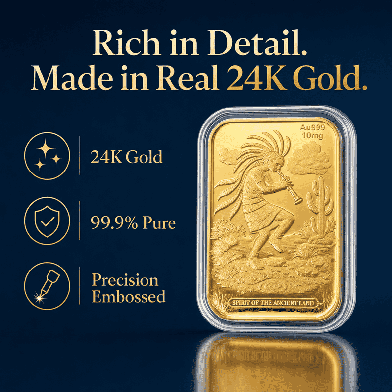 24K Gold Kokopelli – Southwest Style Spirit of the Ancient Land Heritage Tribute Embossed Sheet 10mg