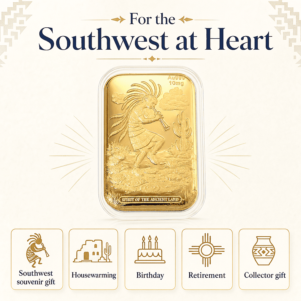 24K Gold Kokopelli – Southwest Style Spirit of the Ancient Land Heritage Tribute Embossed Sheet 10mg