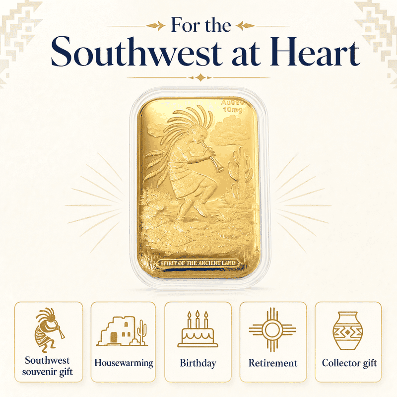 24K Gold Kokopelli – Southwest Style Spirit of the Ancient Land Heritage Tribute Embossed Sheet 10mg