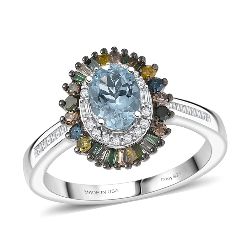 D'Joy Santa Maria Aquamarine and Multi Diamond 1.20 ctw Rainbow Sunburst Ring in Rhodium Over Sterling Silver (Size 10.0)