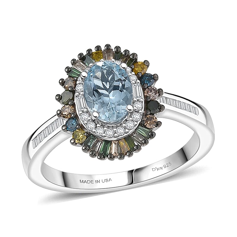 D'Joy Santa Maria Aquamarine and Multi Diamond 1.20 ctw Rainbow Sunburst Ring in Rhodium Over Sterling Silver (Size 10.0)