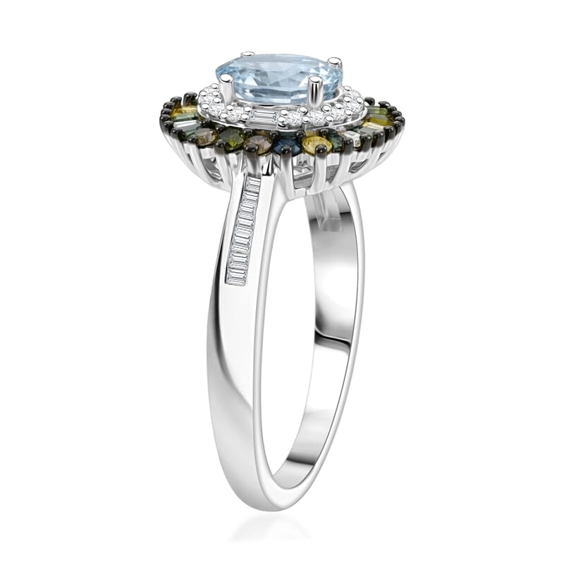 D'Joy Santa Maria Aquamarine and Multi Diamond 1.20 ctw Rainbow Sunburst Ring in Rhodium Over Sterling Silver (Size 10.0)