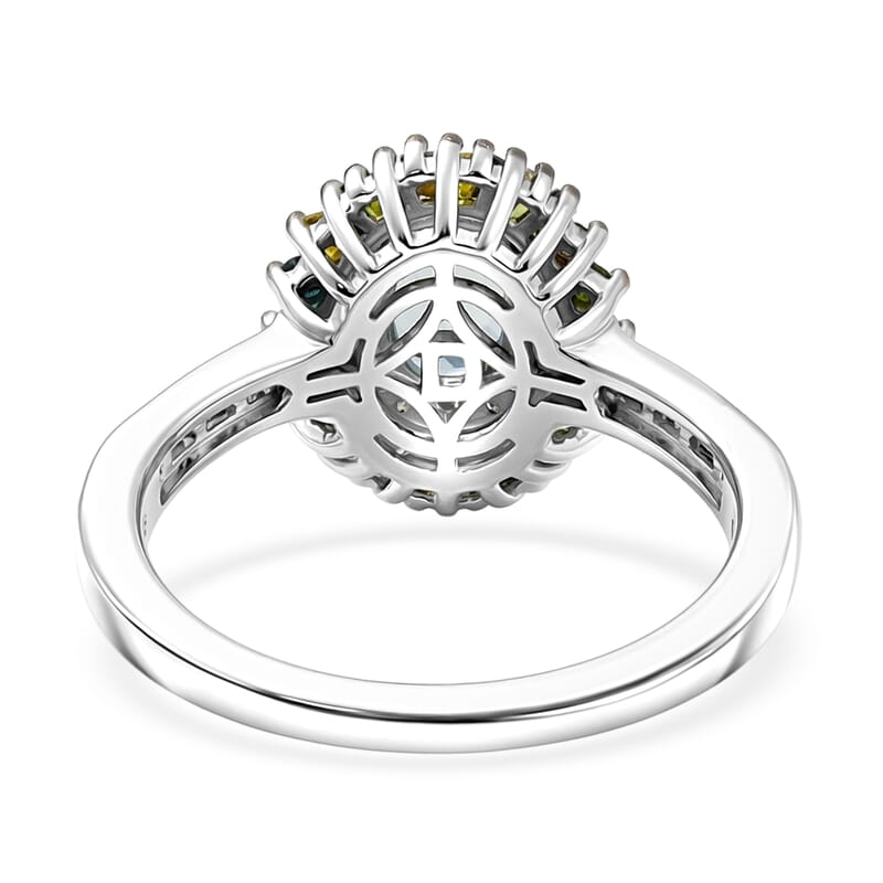D'Joy Santa Maria Aquamarine and Multi Diamond 1.20 ctw Rainbow Sunburst Ring in Rhodium Over Sterling Silver (Size 10.0)