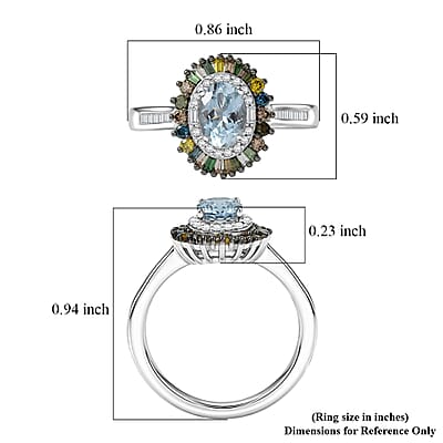 D'Joy Santa Maria Aquamarine and Multi Diamond 1.20 ctw Rainbow Sunburst Ring in Rhodium Over Sterling Silver (Size 10.0)
