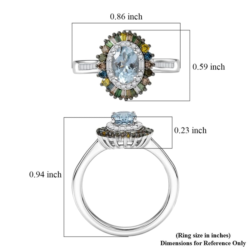D'Joy Santa Maria Aquamarine and Multi Diamond 1.20 ctw Rainbow Sunburst Ring in Rhodium Over Sterling Silver (Size 10.0)