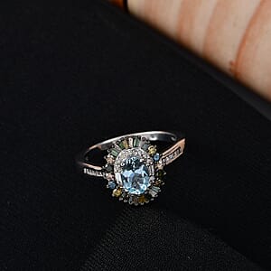 D'Joy Santa Maria Aquamarine and Multi Diamond 1.20 ctw Ring in Rhodium Over Sterling Silver (Size 6.0)