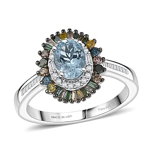 D'Joy Santa Maria Aquamarine and Multi Diamond 1.20 ctw Ring in Rhodium Over Sterling Silver (Size 8.0) 