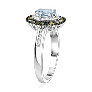 D'Joy Santa Maria Aquamarine and Multi Diamond 1.20 ctw Ring in Rhodium Over Sterling Silver (Size 8.0) 