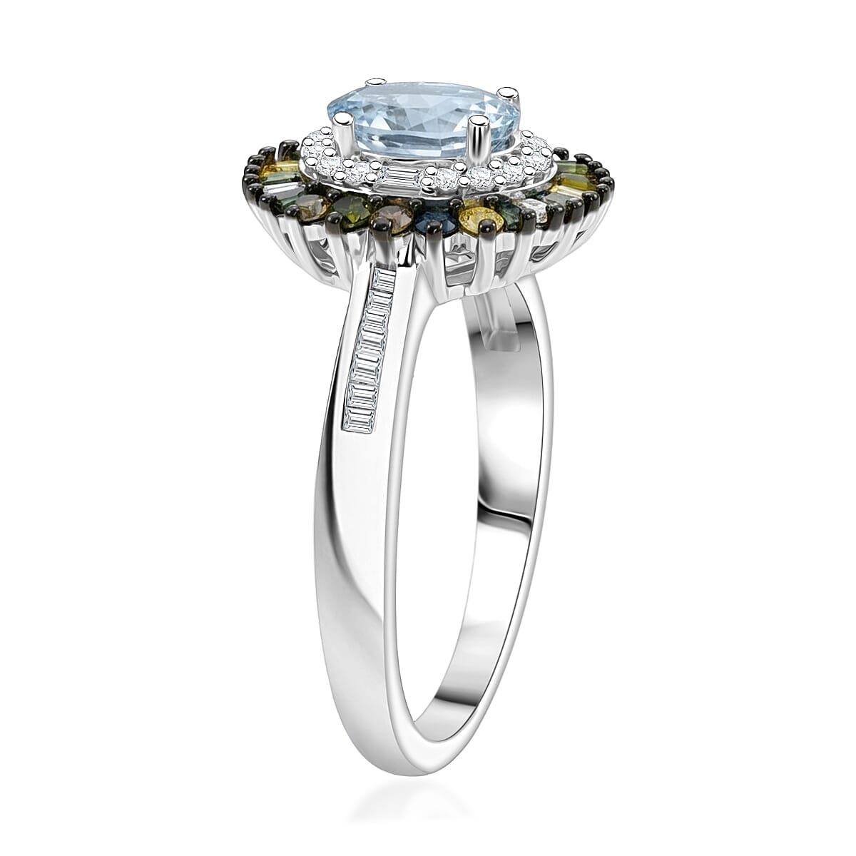 D'Joy Santa Maria Aquamarine and Multi Diamond 1.20 ctw Ring in Rhodium Over Sterling Silver (Size 9.0) image number 3