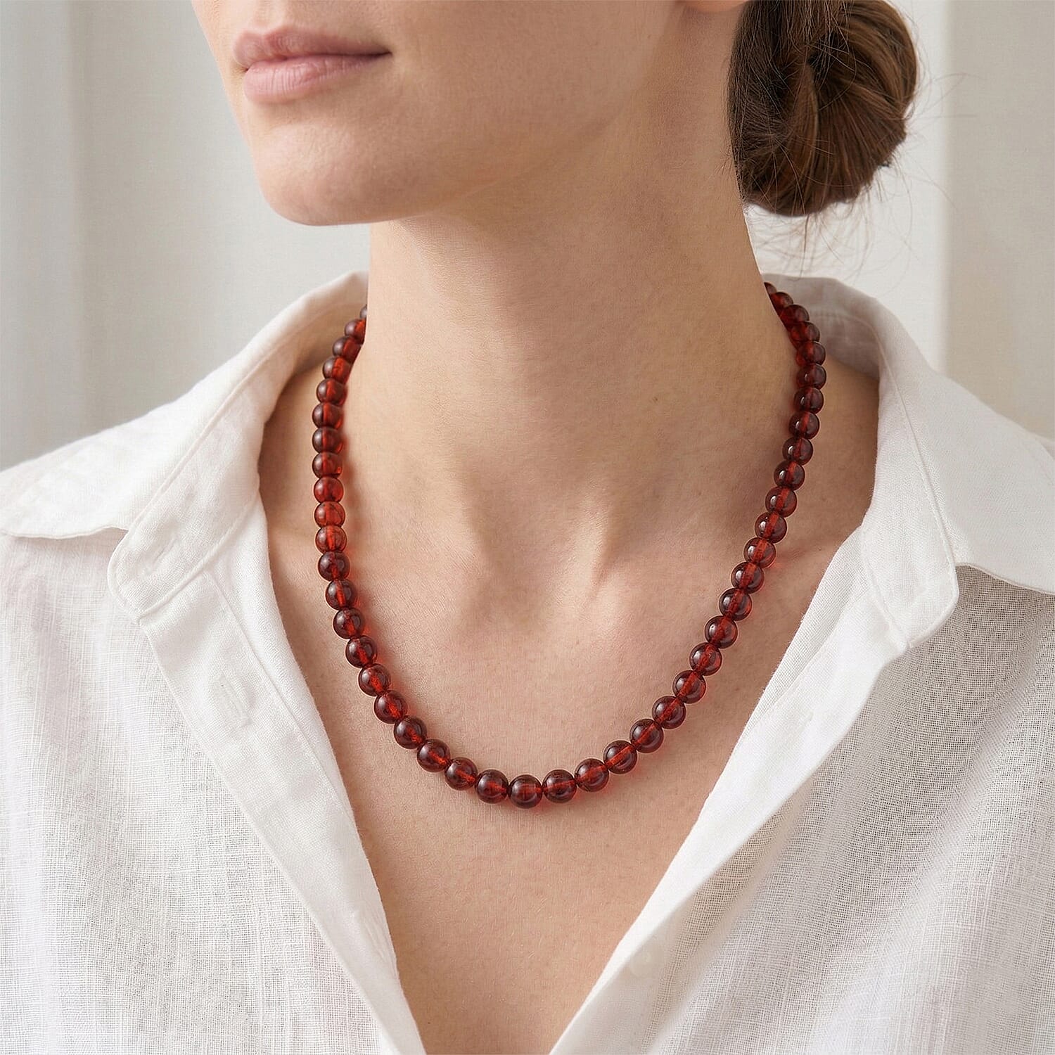 Cherry Amber Beaded Necklace in Sterling Silver 21 Inches 