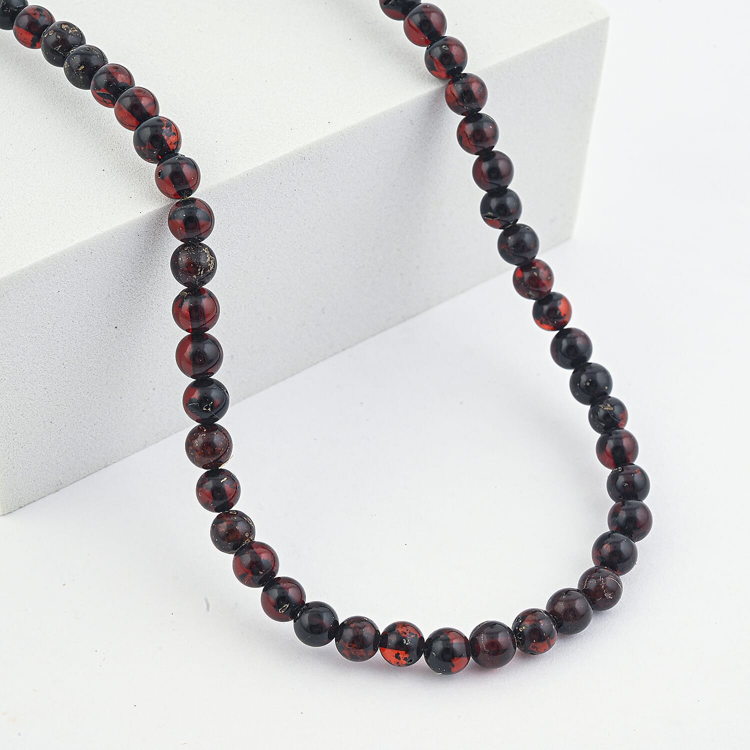 Cherry Amber Beaded Necklace in Sterling Silver 22 Inches