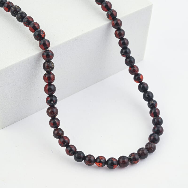 Cherry Amber Beaded Necklace in Sterling Silver 22 Inches
