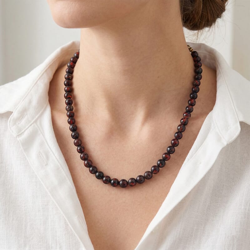 Cherry Amber Beaded Necklace in Sterling Silver 22 Inches