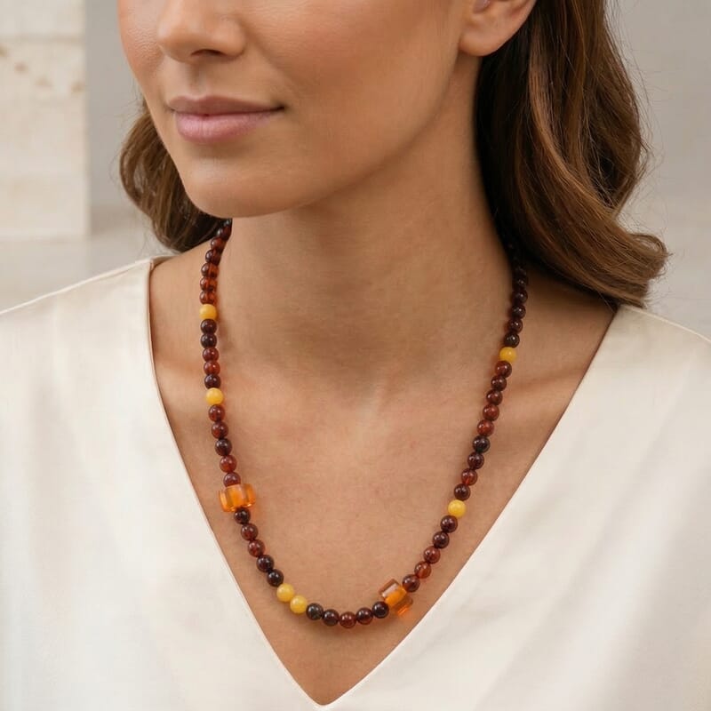 Mixed Amber Beaded Necklace in Sterling Silver 23 Inches
