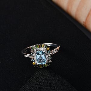 D'Joy Santa Maria Aquamarine, Multi Diamond (Natural & IR) (0.50 cts) Ring in Rhodium Over Sterling Silver (Size 5.0) 1.25 ctw