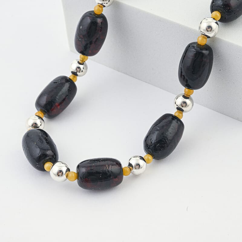 Black and Oslo Amber Beaded Necklace in Sterling Silver 22 Inches