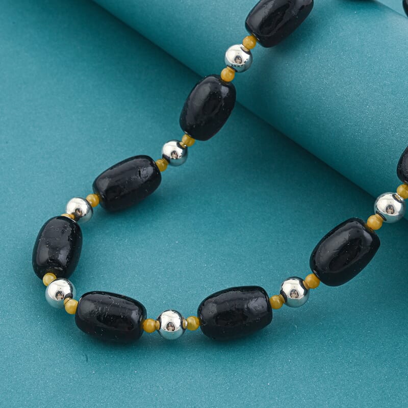 Black and Oslo Amber Beaded Necklace in Sterling Silver 22 Inches