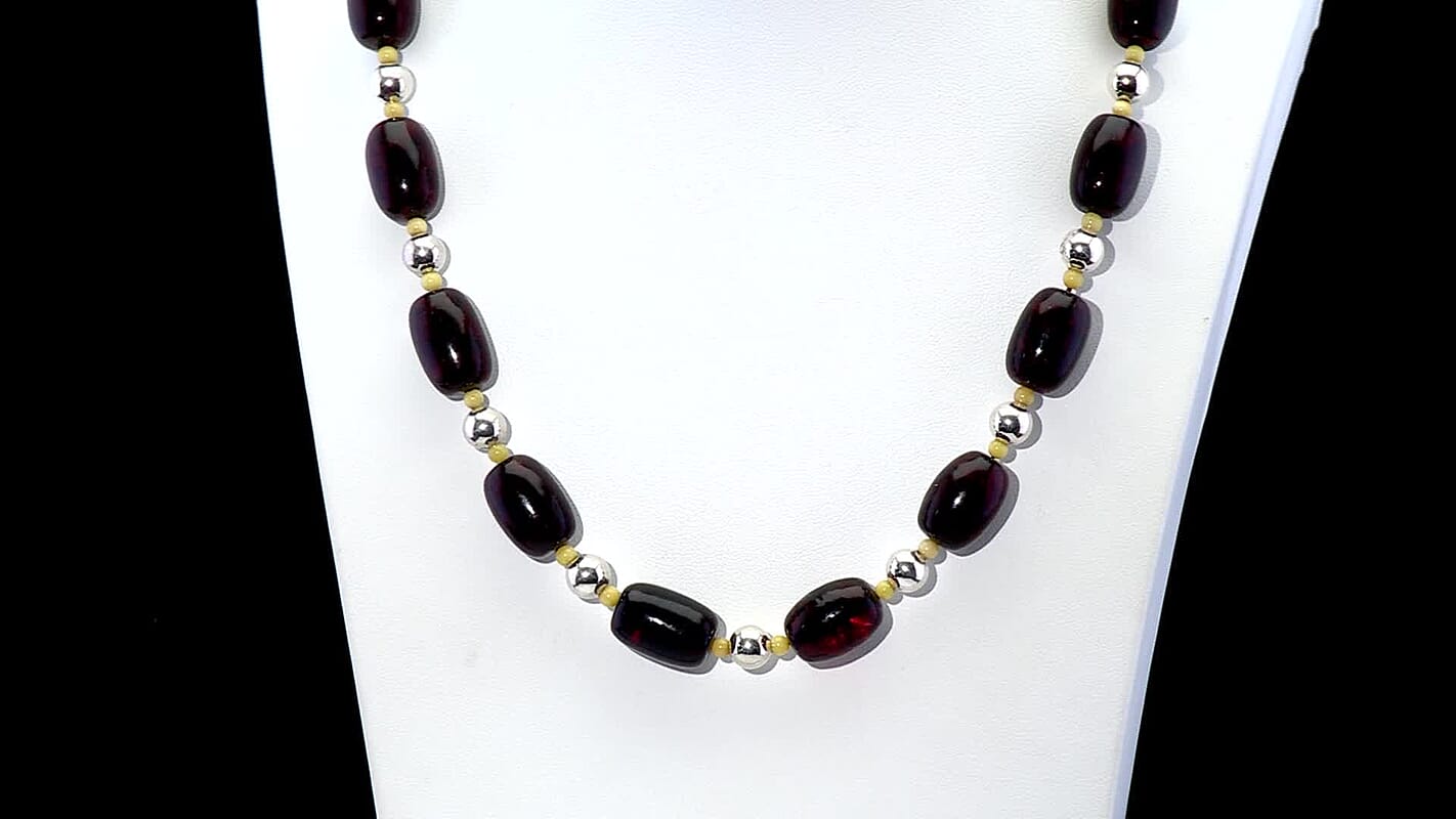 Black and Oslo Amber Beaded Necklace in Sterling Silver 22 Inches