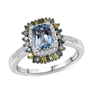 D'Joy Santa Maria Aquamarine, Multi Diamond (Natural & IR) (0.50 cts) Ring in Rhodium Over Sterling Silver (Size 6.0) 1.25 ctw