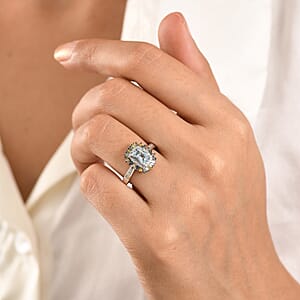 D'Joy Santa Maria Aquamarine, Multi Diamond (Natural & IR) (0.50 cts) Ring in Rhodium Over Sterling Silver (Size 6.0) 1.25 ctw