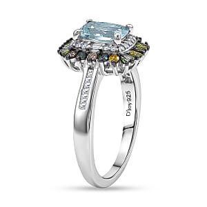D'Joy Santa Maria Aquamarine, Multi Diamond (Natural & IR) (0.50 cts) Ring in Rhodium Over Sterling Silver (Size 6.0) 1.25 ctw