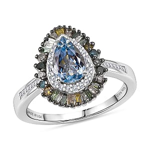 D'Joy Santa Maria Aquamarine and Multi Diamond 1.25 ctw Ring in Rhodium Over Sterling Silver (Size 10.0)
