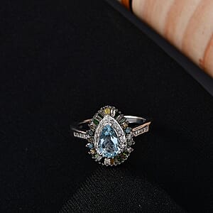 D'Joy Santa Maria Aquamarine and Multi Diamond 1.25 ctw Ring in Rhodium Over Sterling Silver (Size 10.0)