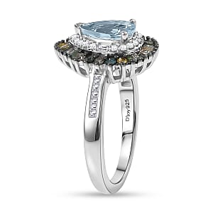 D'Joy Santa Maria Aquamarine, Multi Diamond (Natural & IR) (0.50 cts) Ring in Rhodium Over Sterling Silver (Size 8.0) 1.20 ctw