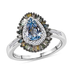 D'Joy Santa Maria Aquamarine and Multi Diamond 1.20 ctw Ring in Rhodium Over Sterling Silver (Size 9.0)