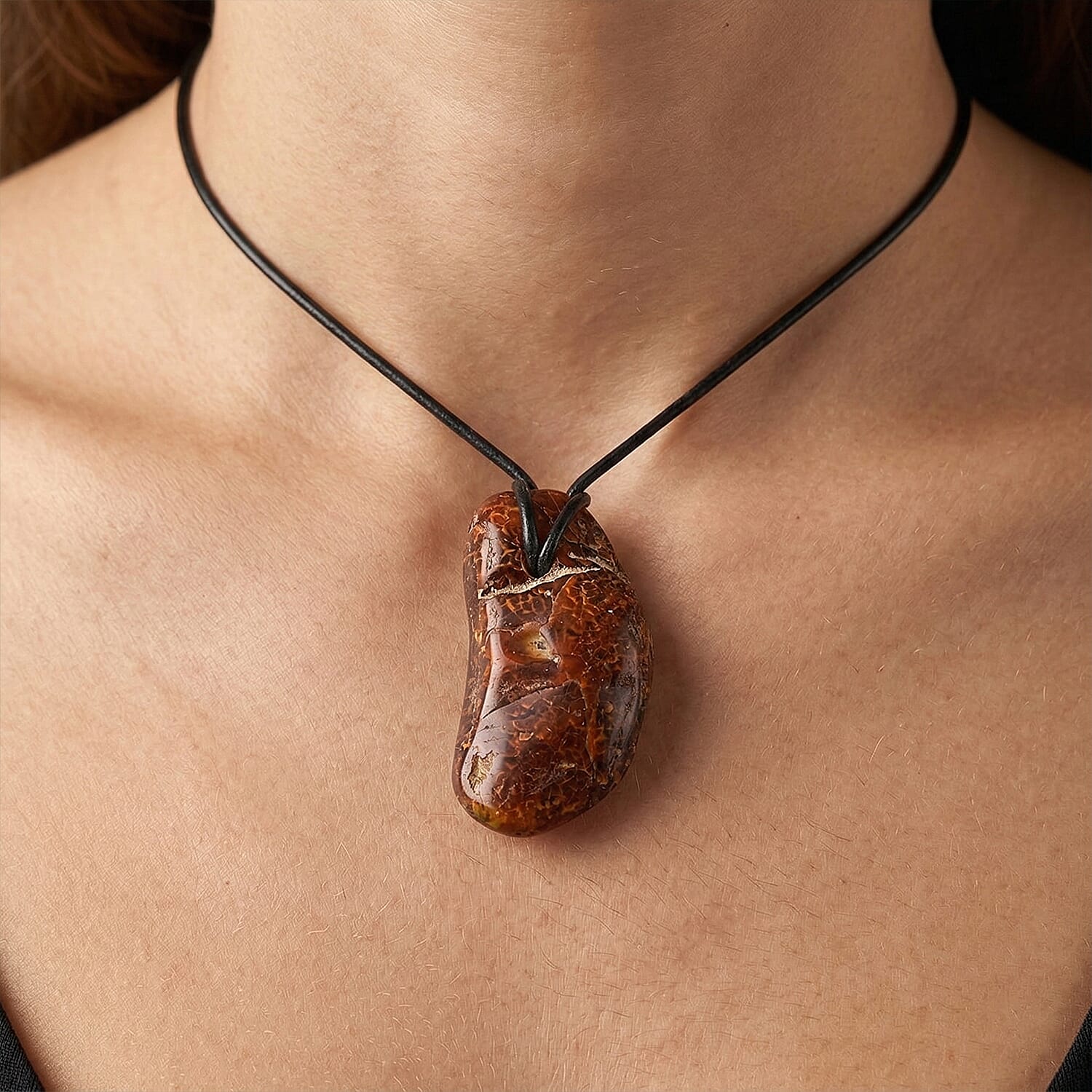 Raw Amber Black Leather Rope Chain Necklace 28 Inches