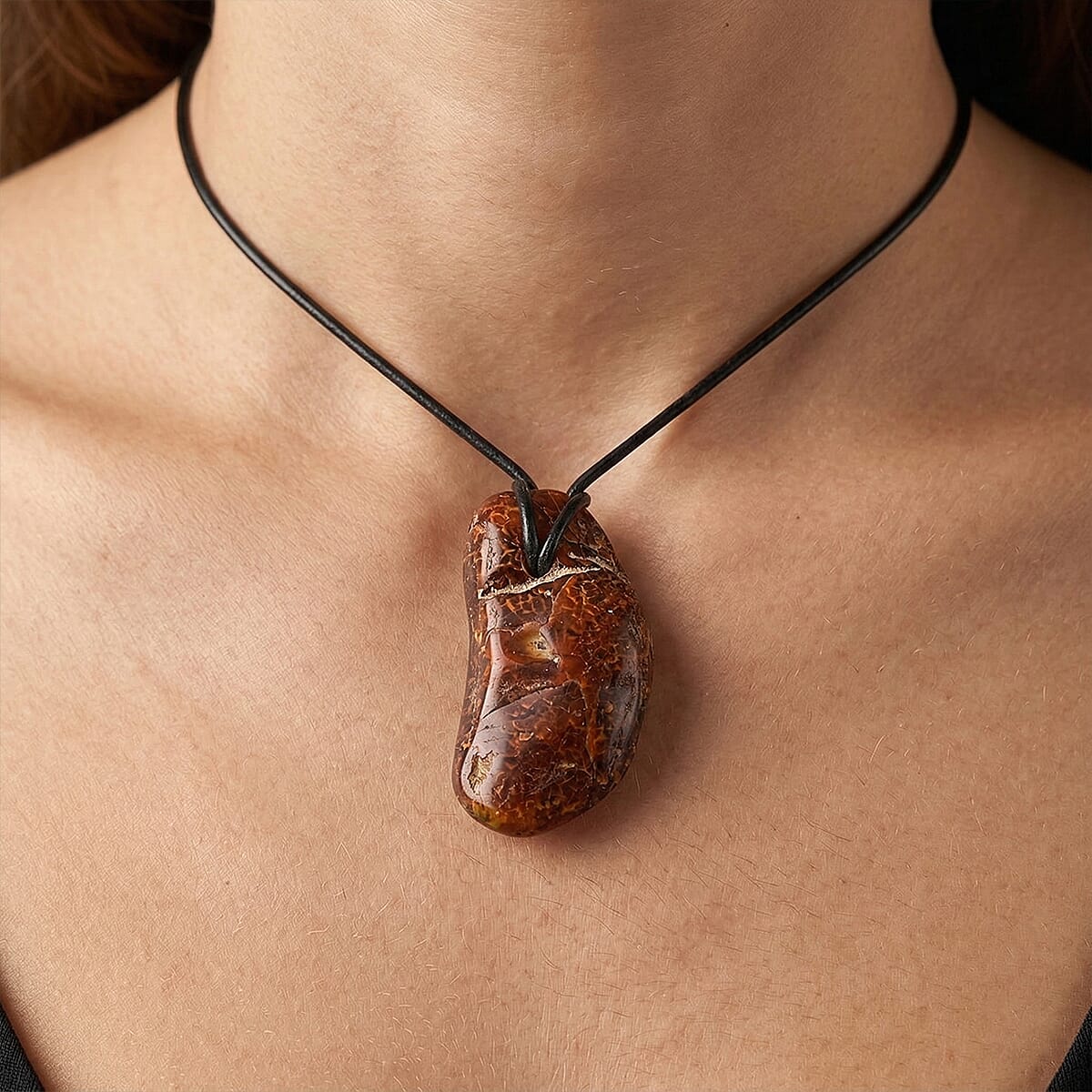 Raw Amber Black Leather Rope Chain Necklace 28 Inches image number 2