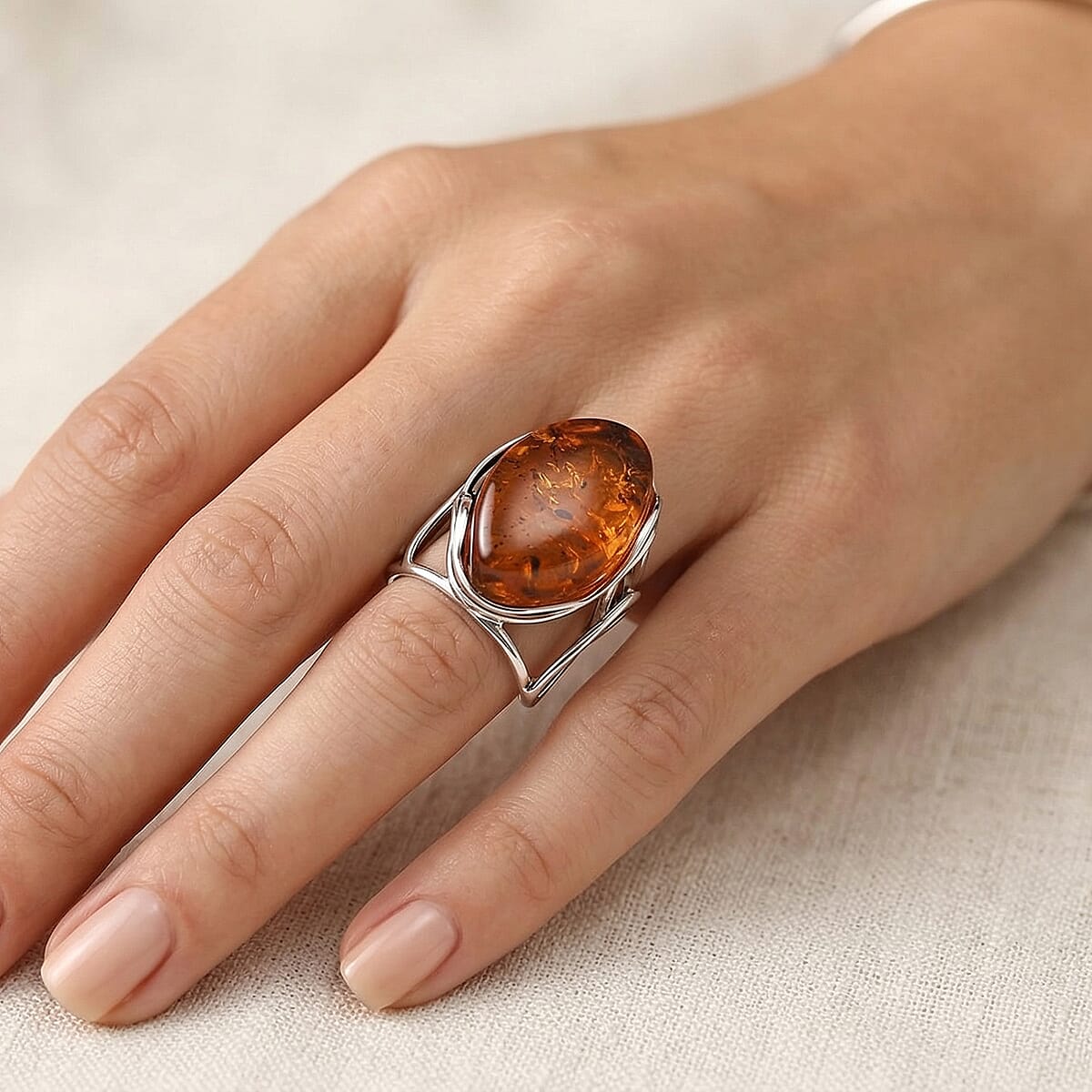 Baltic Amber Wire Ring (Adjustable) in Sterling Silver image number 2