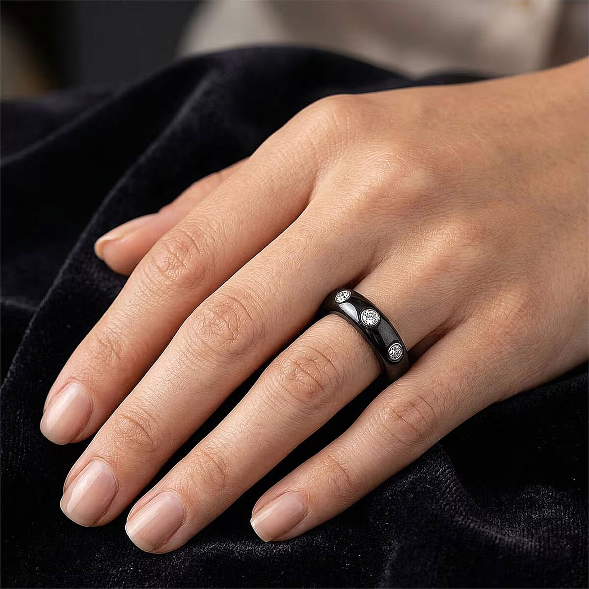Lab Grown Diamond G-H SI and Black Jade (D) 16.65 ctw Band Ring in Rhodium Over Sterling Silver (Size 11.0) image number 1
