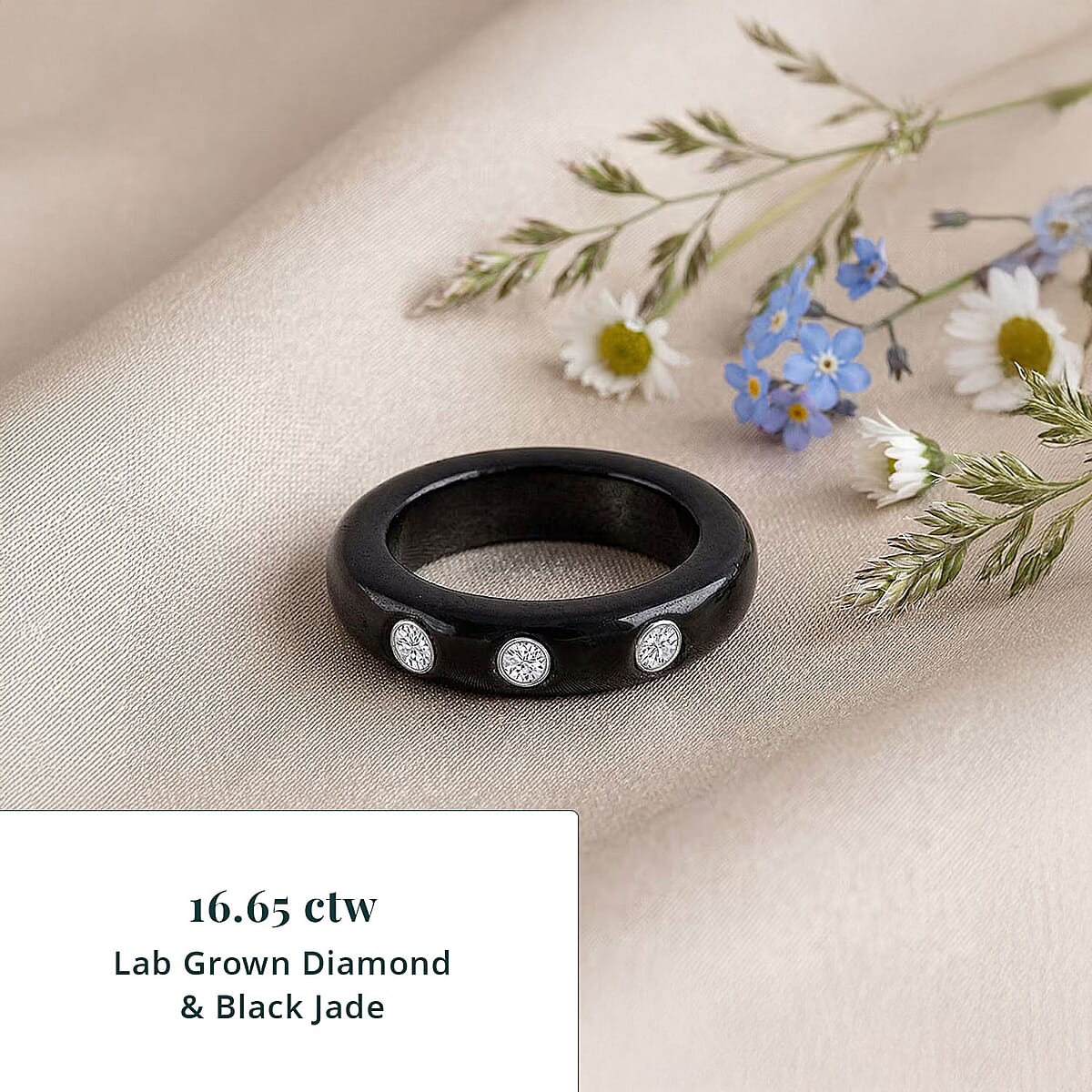 Lab Grown Diamond G-H SI and Black Jade (D) 16.65 ctw Band Ring in Rhodium Over Sterling Silver (Size 11.0) image number 2