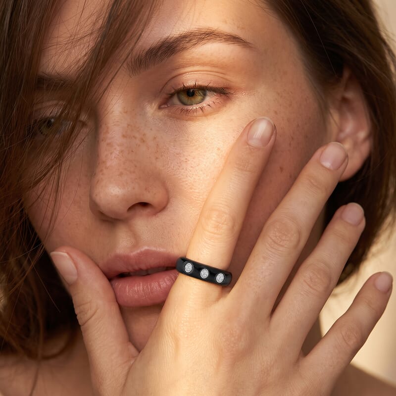 Lab Grown Diamond G-H SI and Black Jade (D) 16.65 ctw Band Ring in Rhodium Over Sterling Silver (Size 5.0)