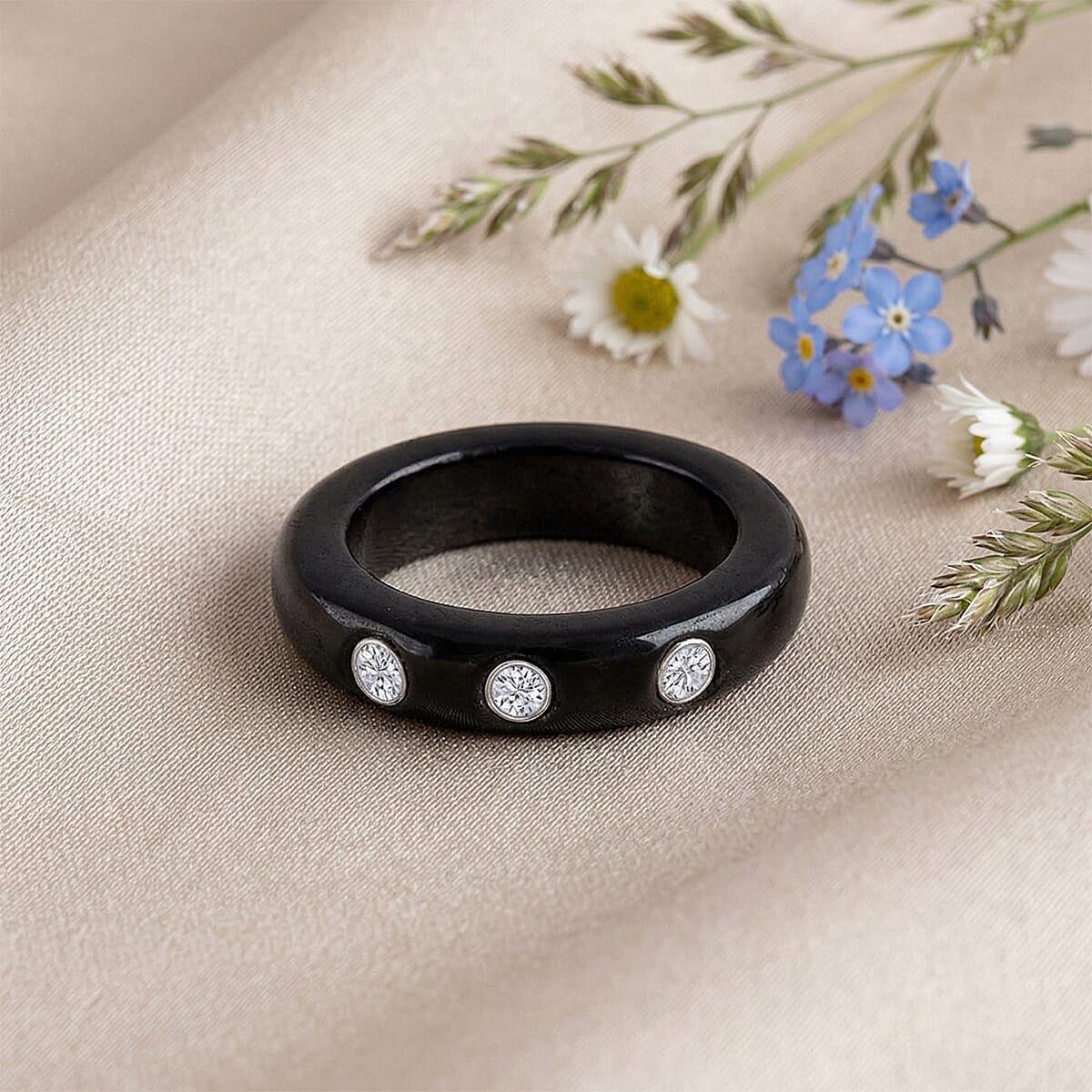 Lab Grown Diamond G-H SI and Black Jade 16.65 ctw Band Ring in Rhodium Over Sterling Silver (Size 7.0) image number 1