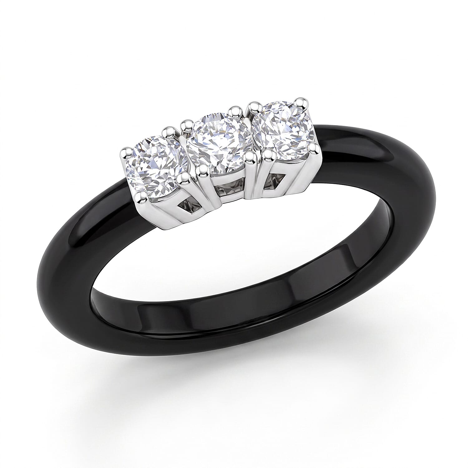 Lab Grown Diamond (G-H, SI) (0.55 cts), Black Jade Band Ring in Rhodium Over Sterling Silver (Size 10.0) 7.50 ctw
