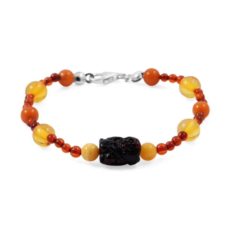 Baltic Amber Beaded Monkey Bracelet in Sterling Silver (7.0 In)