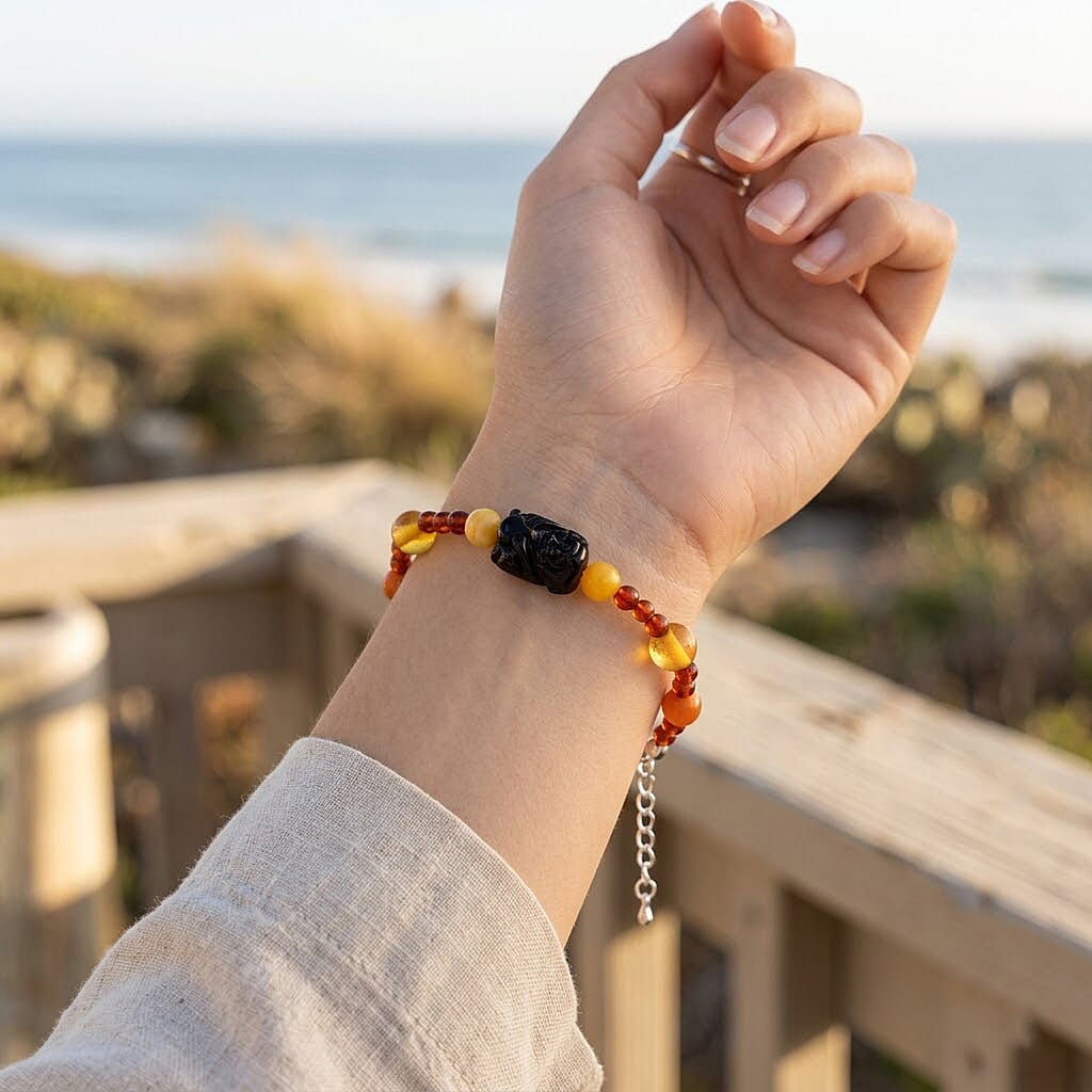 Baltic Amber Beaded Monkey Bracelet in Sterling Silver (7.0 In)