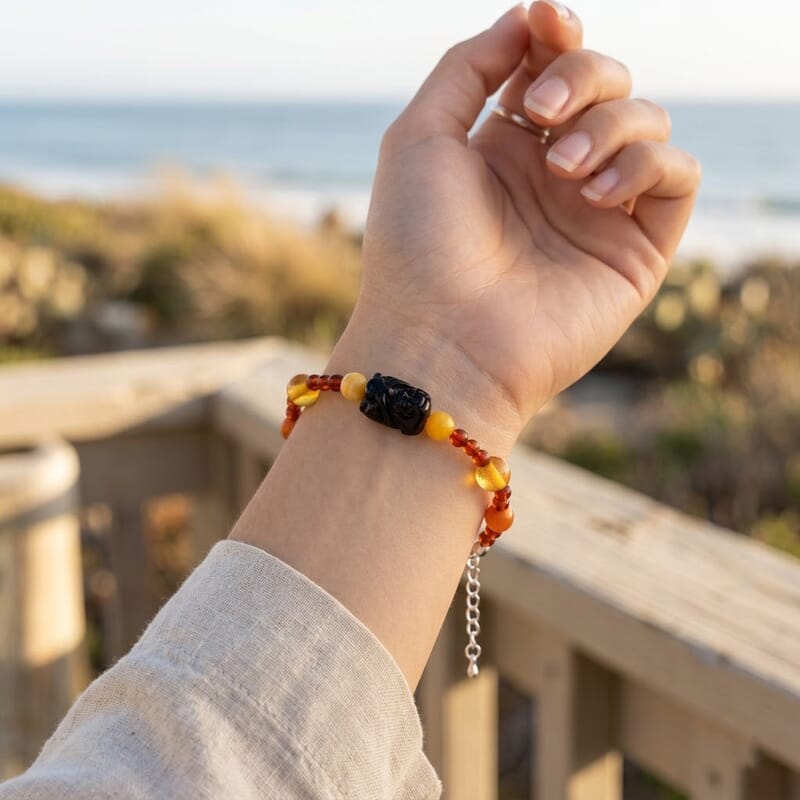Baltic Amber Beaded Monkey Bracelet in Sterling Silver (7.0 In)