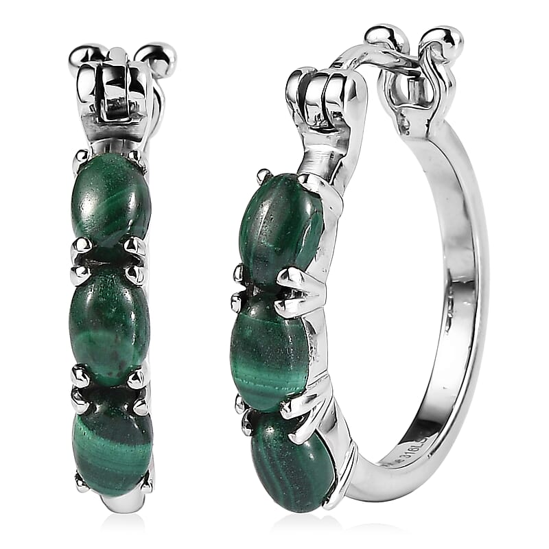EverTrue African Malachite 4.00 ctw Hoop Earrings in Stainless Steel
